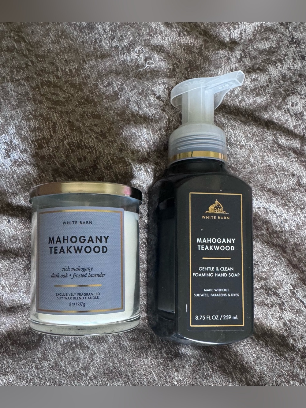 Lot 2 NWT New Luxury White Barn Mahogany And Teak Foaming Hand Soap And Candle